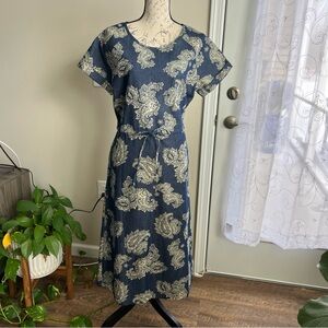 Women's Cotton Denim Midi Dress With Pockets Blue Paisley Medium Cottage Core